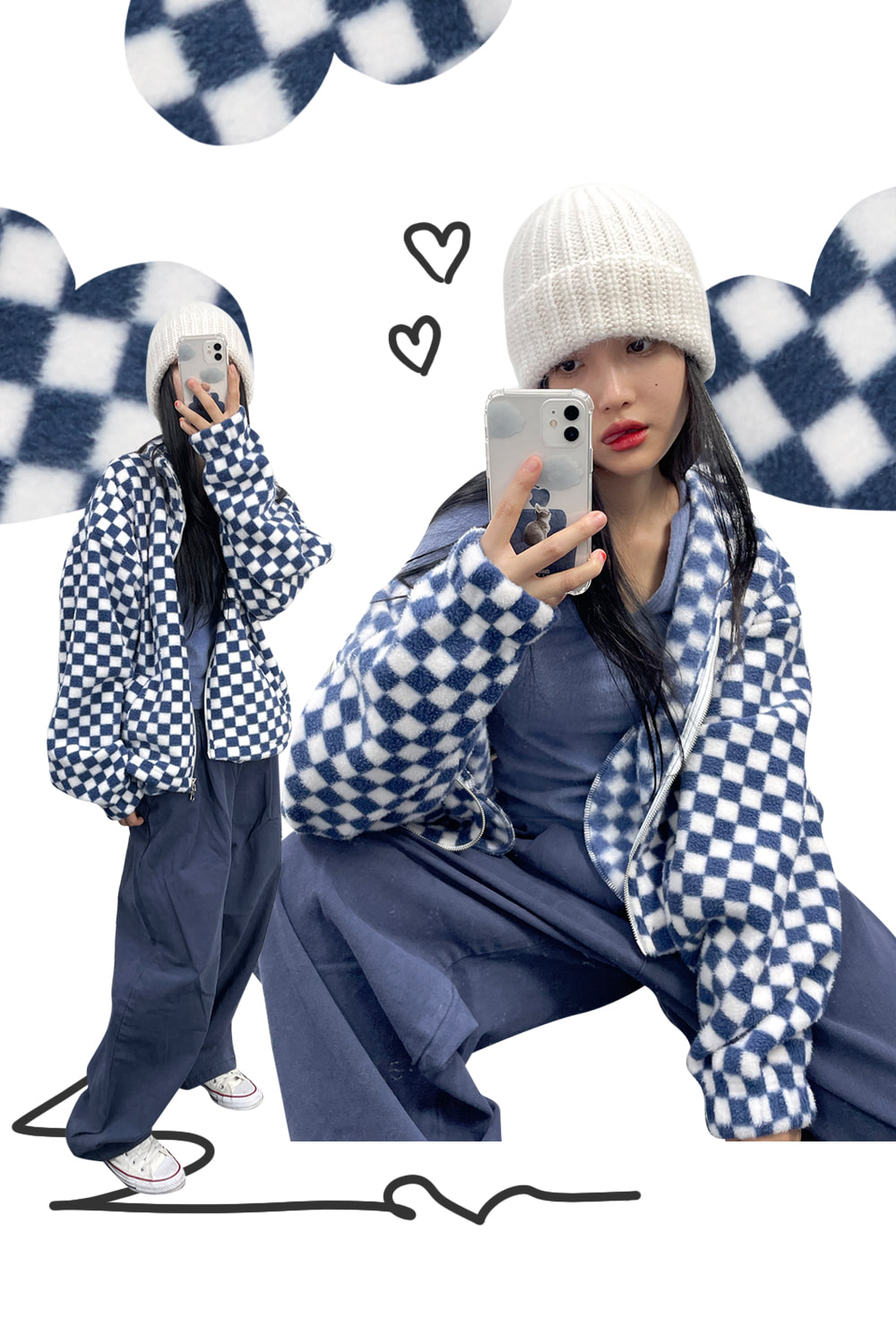checkerboard fleece zip-up (2colors)