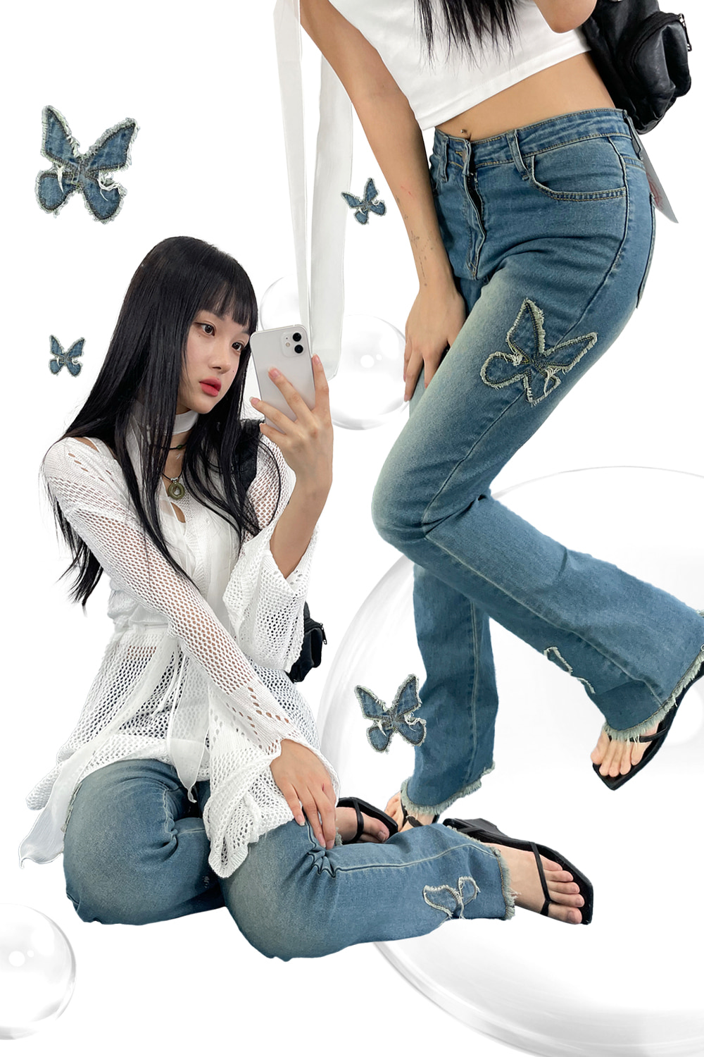 butterfly patch bootscut pants
