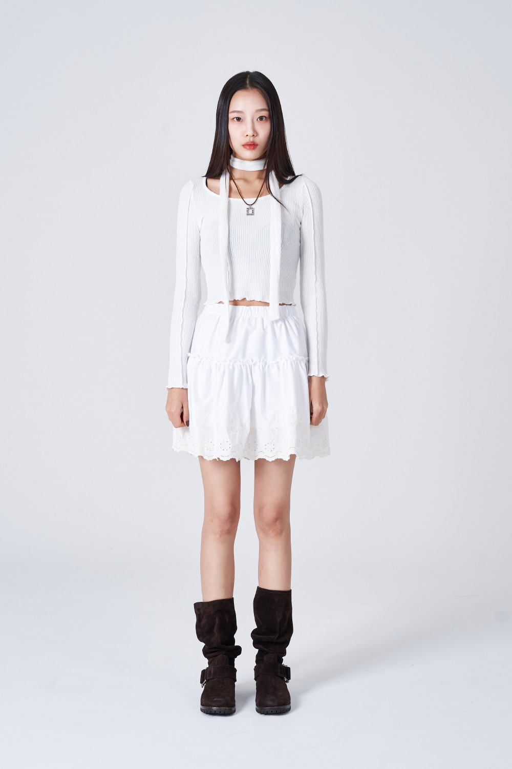 [ACUBI CLUB] cotton punching banding skirt (White)