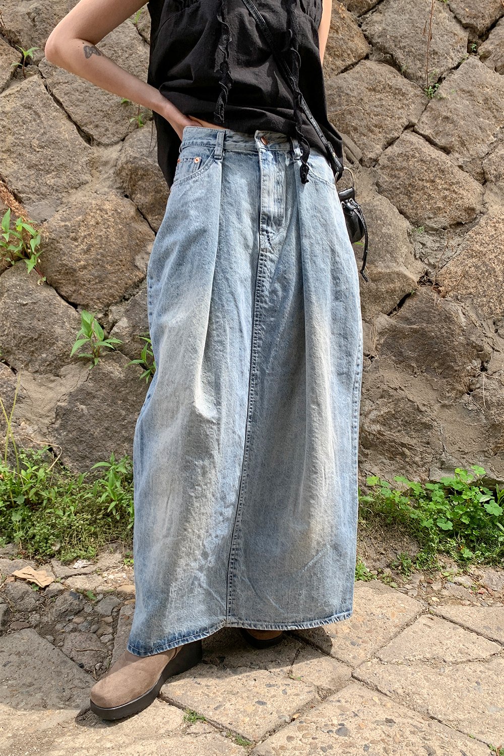 trench one-tuck denim long skirt (2colors)