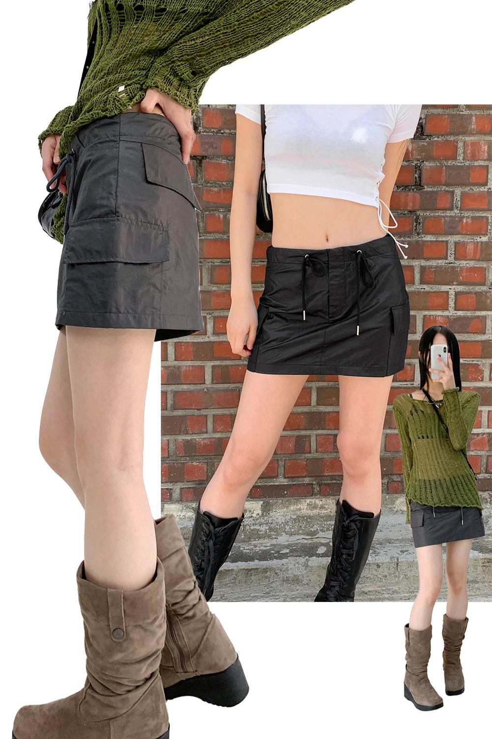 glossy cargo mini skirt (3colors)