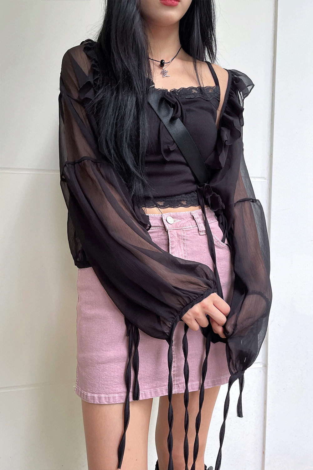 frill strap see through blouse (black)